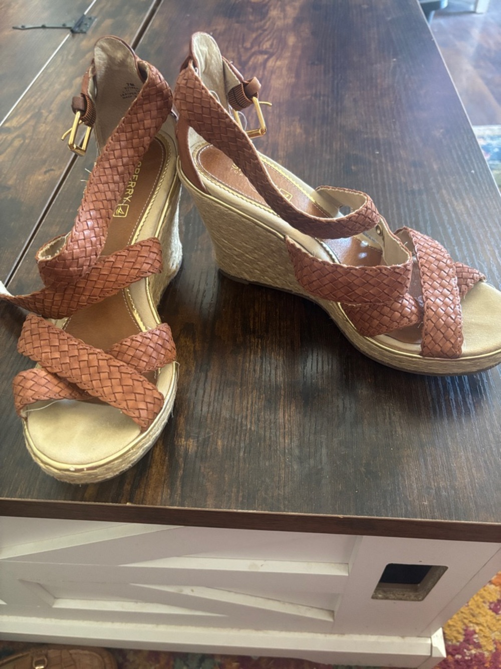 Sperry Braided Leather Wedge Sandals in Cognac Brown